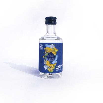 50ml bottle of Eels Gin by Underground Spirits, featuring flavors of Port Jackson Fig, She-Oak Seeds, Magnolia Flower, Quandong, and Sunrise Lime, celebrating the spirit of Parramatta and the Eels